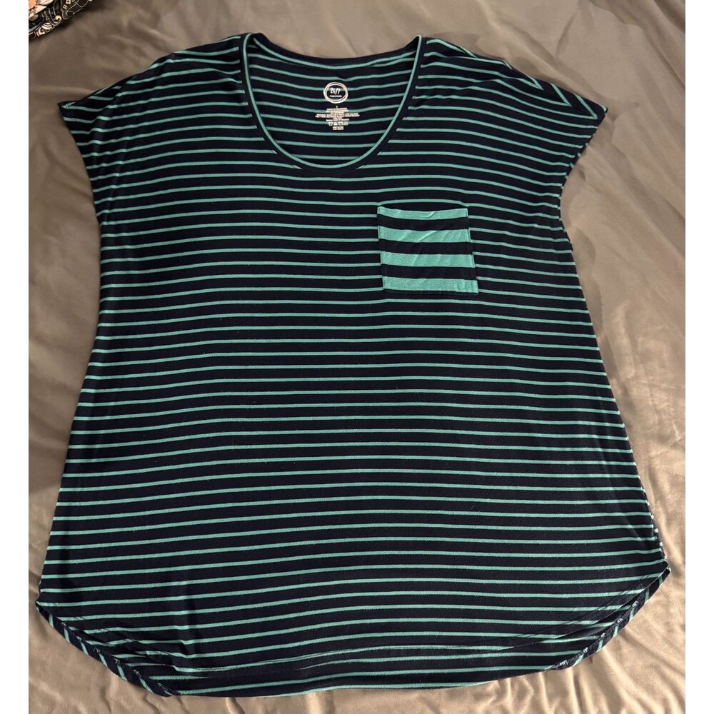 24/7 Comfort Apparel Striped Pocket Tee Scoop Neck Short Sleeve Boho Size 1